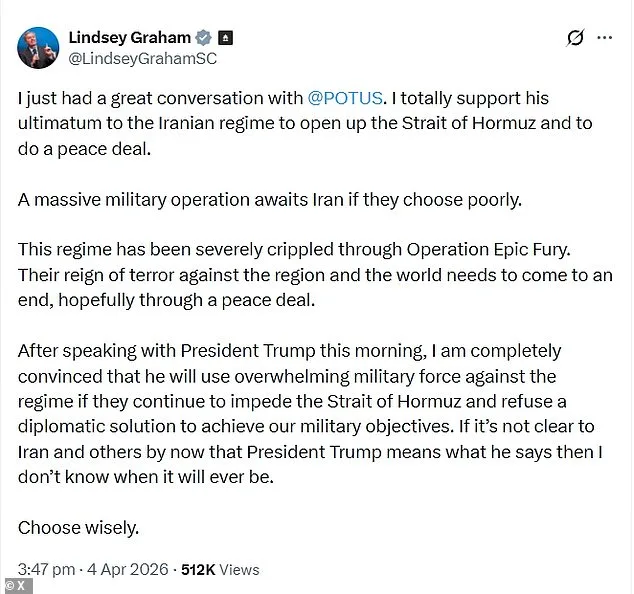 Graham: Trump Ready to Use Military Force Against Iran Over Hormuz Deadline