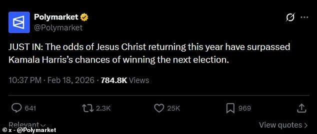 Polymarket: Jesus' 2026 Return Odds Surpass Kamala Harris' 2028 Election Chances