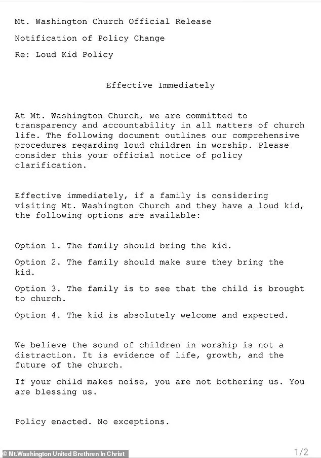 Pennsylvania Church's 'Loud Kids' Policy Goes Viral After NYT Columnist Shares It