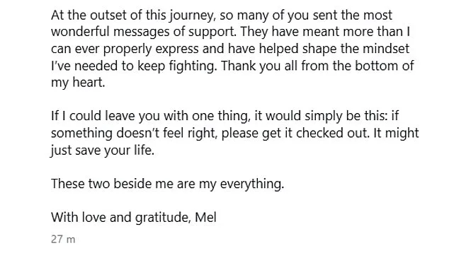 Mel Schilling's Courageous Battle with Advanced Bowel Cancer: A Health Awareness Reminder