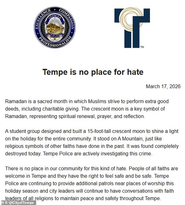 Vandals Destroy Ramadan Crescent Moon in Tempe; City Condemns Hate Act