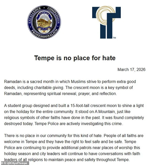 Vandals Destroy Ramadan Crescent Moon in Tempe; City Condemns Hate Act