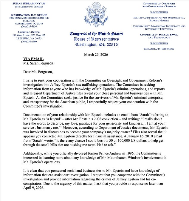 U.S. Lawmaker Asks Sarah Ferguson to Testify Over Epstein Allegations, Citing New DOJ Docs