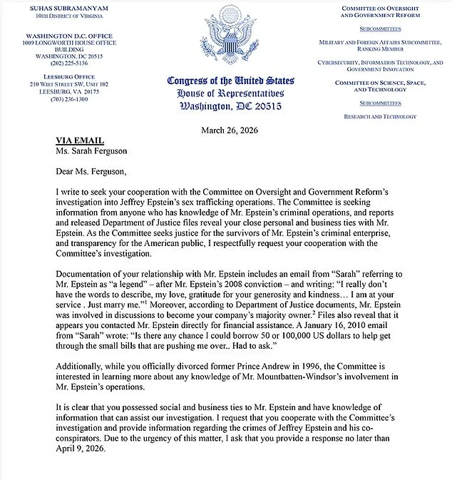 U.S. Lawmaker Asks Sarah Ferguson to Testify Over Epstein Allegations, Citing New DOJ Docs