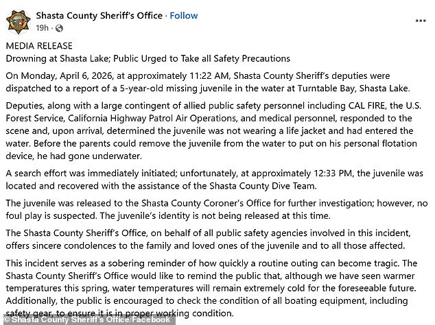 Tragedy Strikes Shasta Lake: Five-Year-Old Drowns After Entering Water Without Life Jacket