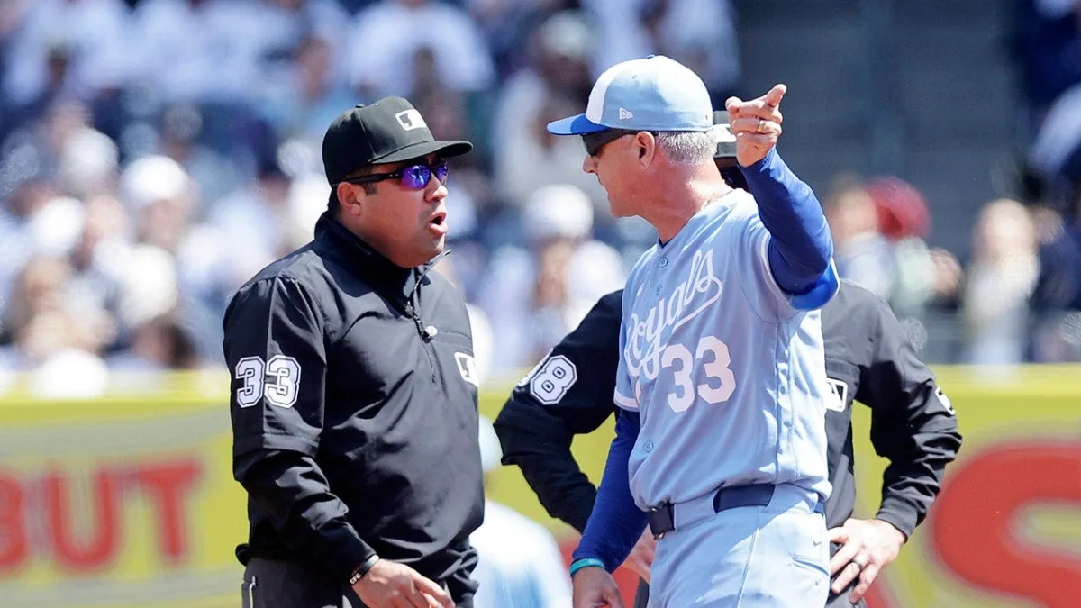 Royals manager ejected in first inning over balk dispute with no outs.