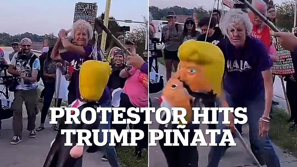 Woman in Golden Rule Shirt Smashes Trump Piñata With Pipe